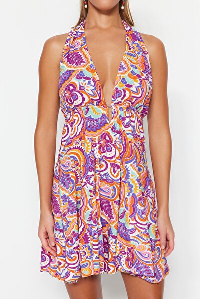 Trendyol Collection Absztrakt mintás mini szőtt hát nélküli strandruha TBESS23EL00061