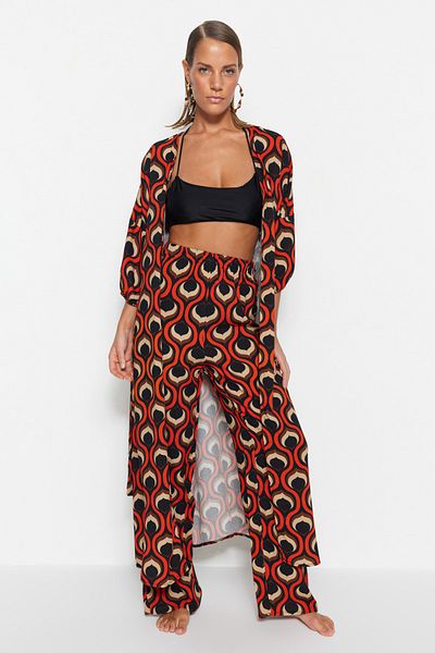 Trendyol Collection Geometrikus mintás öves maxi szövött ballon ujjú kimonó és kaftán TBESS23KM00046