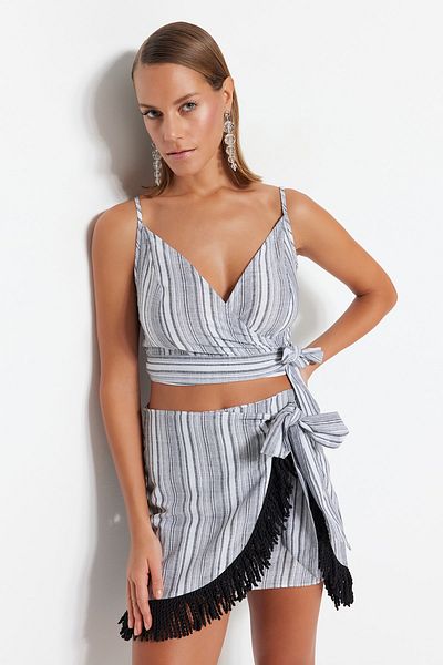 Trendyol Collection Striped Woven Tassels 100% Cotton Blouse Skirt Set TBESS23AU00080