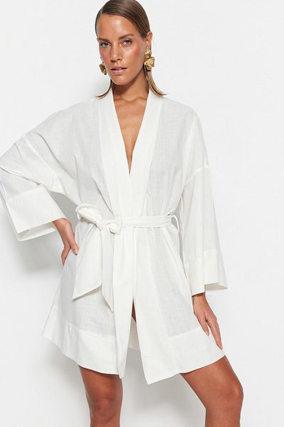 Trendyol Collection White Belted Mini Woven 100% Cotton Kimono&Kaftan TBESS23KM00080