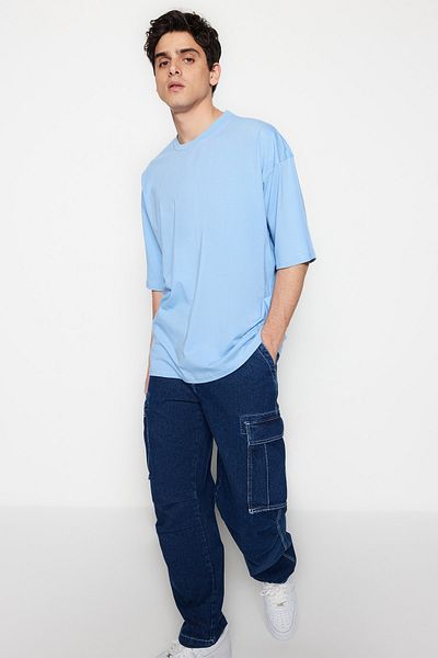 Trendyol Collection Modré bavlněné tričko nadměrné velikosti s potištěným textem - TMNSS21TS1698