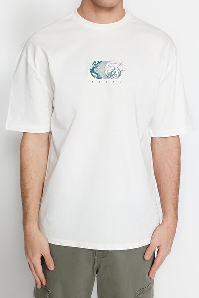 Trendyol Collection Ecru Oversize/Wide Cut Tričko s krátkým rukávem s potiskem ze 100% bavlny TMNSS23TS00261