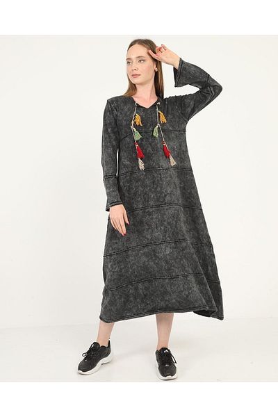 Sosyete Kaplumbağa Authentic Knitwear Long Sleeve Tassel Detailed Washed Black 100% Cotton Maxi Dress