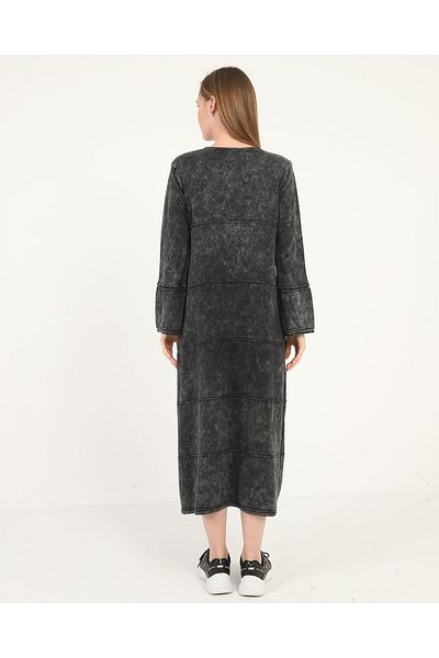 Sosyete Kaplumbağa Authentic Knitwear Long Sleeve Tassel Detailed Washed Black 100% Cotton Maxi Dress