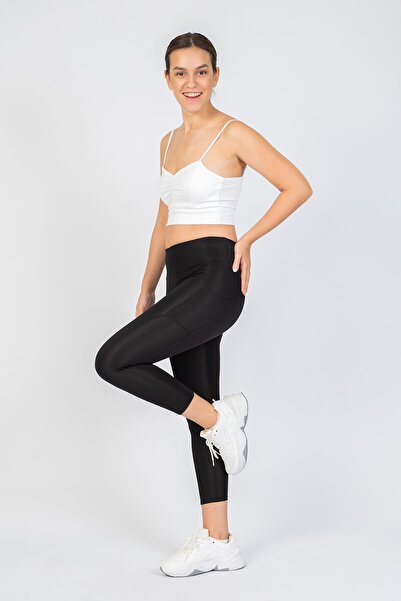 The Step Sports Colanți de yoga întăriți pentru femei Spocket, negri, cu buzunare, talie înaltă, 21 inchi