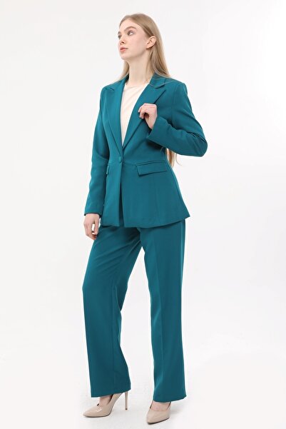 SİZ Yeşil Tek Düğme Ceket Kemerli Cepli Palazzo Pantolon Takım