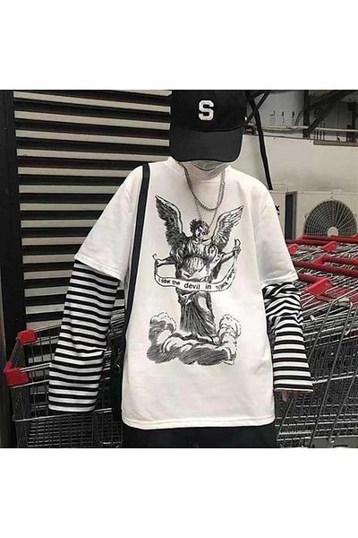Touz Angel With A Banderole Printed Fake Sleeves Unisex Λευκό T-shirt