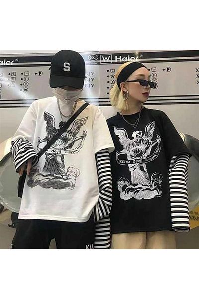 Touz Angel With A Banderole Printed Fake Sleeves Unisex Λευκό T-shirt