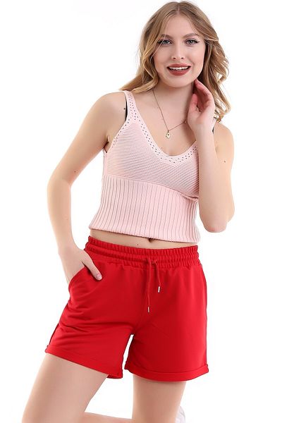 Deafox Red Elastic Waist Pocket Plain Combed Cotton Shorts