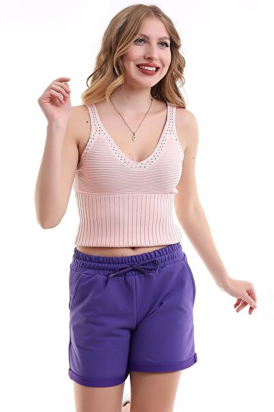 Deafox Μωβ ελαστικό βαμβακερό σορτς με χτενισμένη τσέπη μέσης