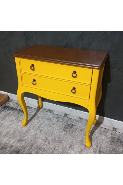 ROYS AHŞAP Ahşap S3540 Sarı Üstü Ceviz Eskitme Çift Çekmeceli Komodin Telefonluk
