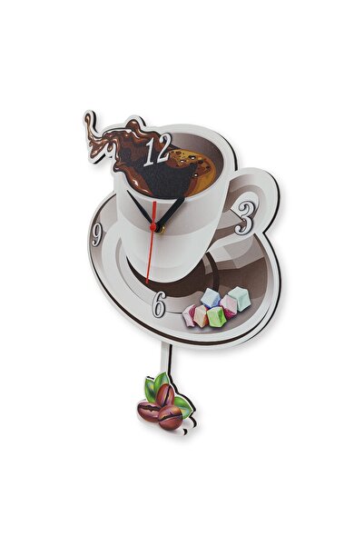 CajuArt Kahve Fincan Resimli Sallanan Sarkaçlı Mutfak Duvar Saati