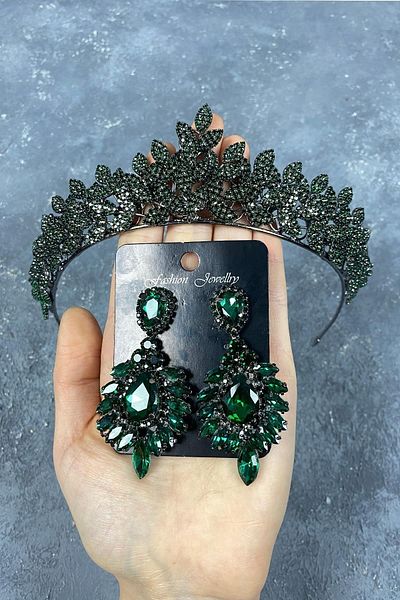Hobigram Set de coroană de mireasă și cercei cu piatră elegantă model Jessie verde – Coroană, piatră de cristal, model elegant – Coroană