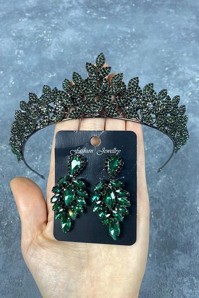 Hobigram Set de coroană de mireasă și cercei subțiri model Green Jessie – Coroană, piatră de cristal, model elegant – Coroană –