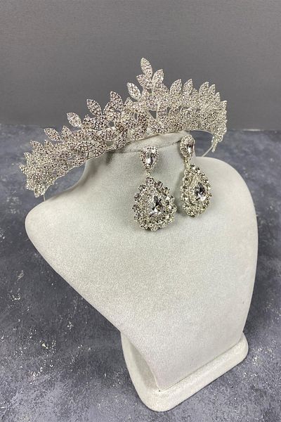 Hobigram Set de coroană de mireasă și cercei cu piatră elegantă model Jessie argintiu – Coroană, piatră de cristal, model elegant – Coroană