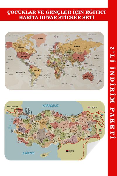 lilafil Educational - Tutorial World And Turkey Map Children's Room Wall Sticker 3890