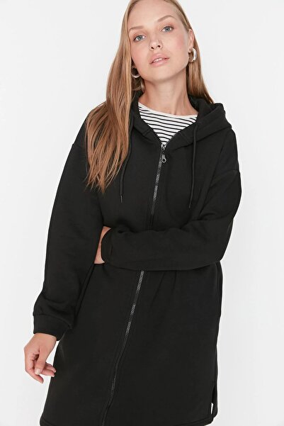 Kapüşonlu Fermuarlı Basic Örme Geniş Kalıp Uzun Kapalı Giyim Oversize Sweatshirt Hırka