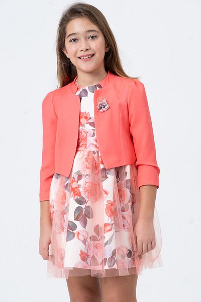 Kıvanç Çocuk Girl's Solid Color Jacket and Rose Tulle Holiday Seasonal Dress Set