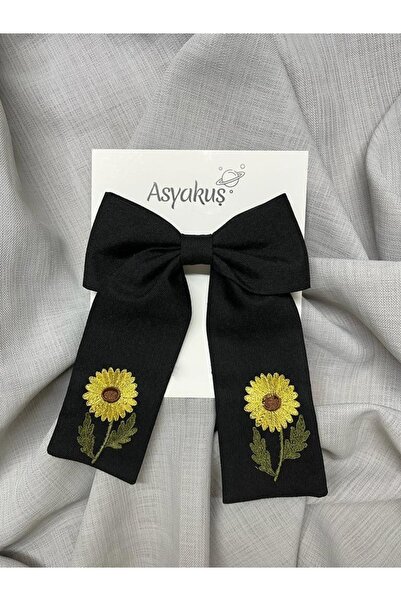 asyakuş مشبك أوتوماتيكي بفيونكة سوداء مطرزة بعباد الشمس