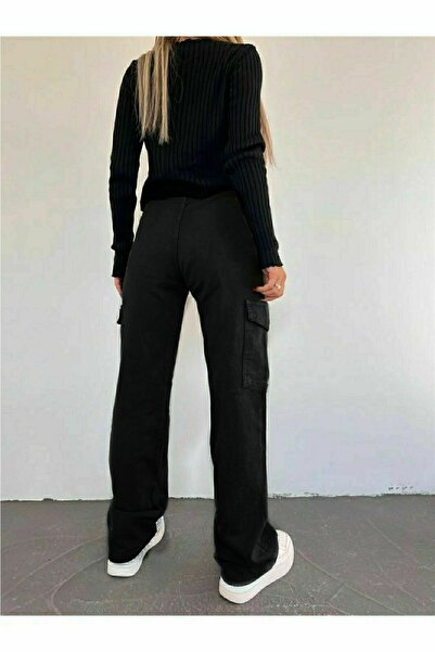 Trn JNS Cargo Black Colorfast Lira Cargo Pocket Palazzo Wide Leg Without Back Pocket