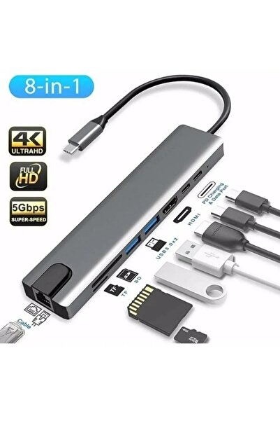ROGGER Macbook Pro Air Usb Type-c 8 Li Hub Dönüştürücü Çevirici Çoklayıcı Usb Hdmı Micro Sd 8 Girişli