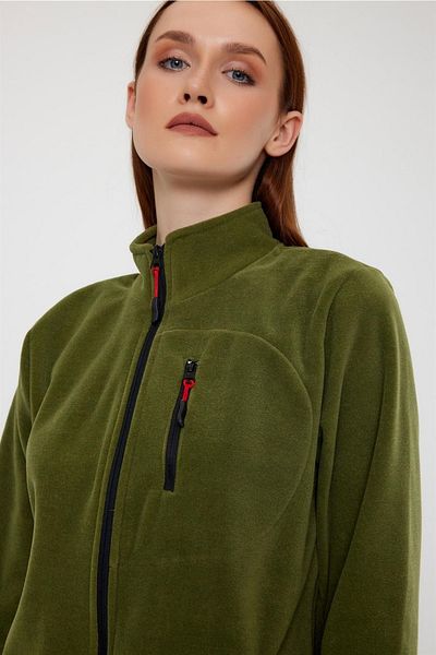 MAXIMILLIAN Women's Fleece Khaki Color 3 Pocket Zippered Bato Collar Outdoor Fleece