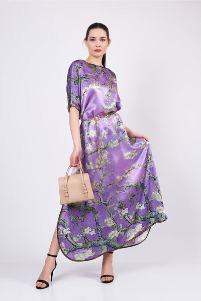 Nomads Felt Saf İpek Uzun Elbise | Mor Van Gogh Badem Çiçeği | Nomads Felt
