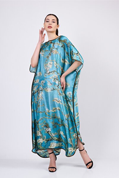 Nomads Felt İpek Uzun Elbise | Turkuaz | Van Gogh Badem Çiçeği | Nomads Felt