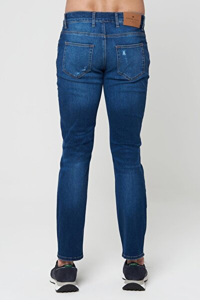 CROSS JEANS Medium Blue Slim Buttoned Trousers with Patch Detail E 4405-006