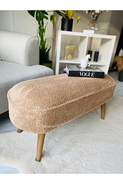 WEBPANYA Retro Ceviz Renk Ahşap Ayaklı Geniş Oturum Alanlı Oval Bench Puf Kahverengi Teddy Kumaş