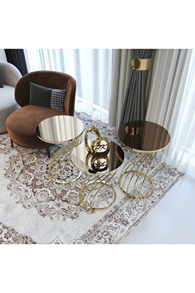 Puklife Modern Kuğu 3lü Zigon Sehpa Takımı Gold Ayak Bronz Ayna