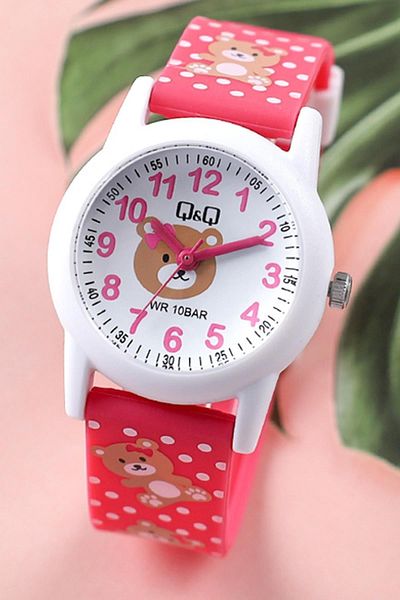 Q&Q Bd6240j13 Bear Patterned Polka Dot Cord Girl's 10 Atm Waterproof Wristwatch