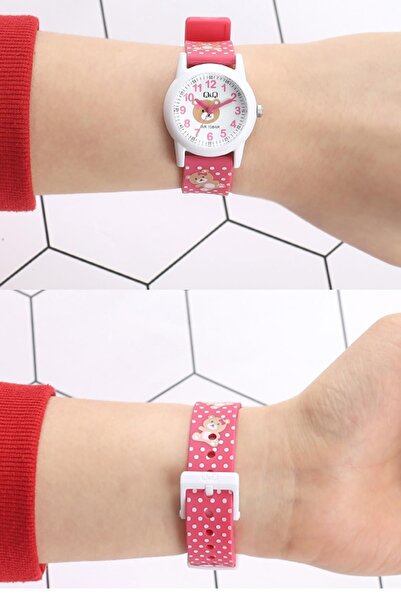 Q&Q Bd6240j13 Bear Patterned Polka Dot Cord Girl's 10 Atm Waterproof Wristwatch