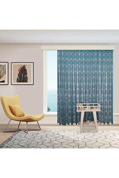 Damaks Ottoman Pattern Oil Blue-turquoise Knitted Wrinkle-Free 1-2 Sparse Pleated Tulle Curtain