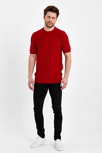 Tarz Cool Red Men's Round Collar Knitted T-shirt