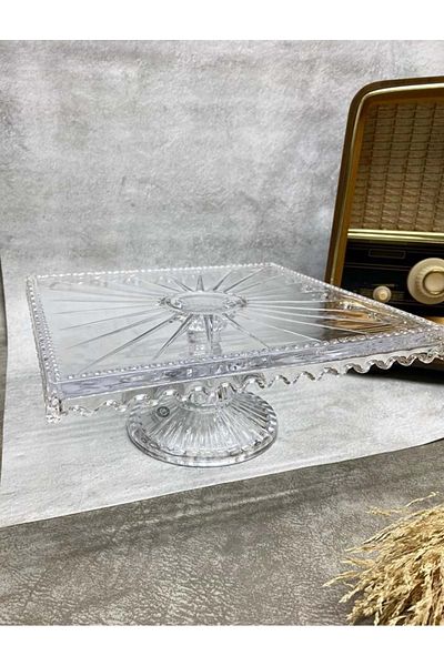 Jenisa Linea Model Glass Stand Square Cake and Cake Presentation Holder 25x11 Cm