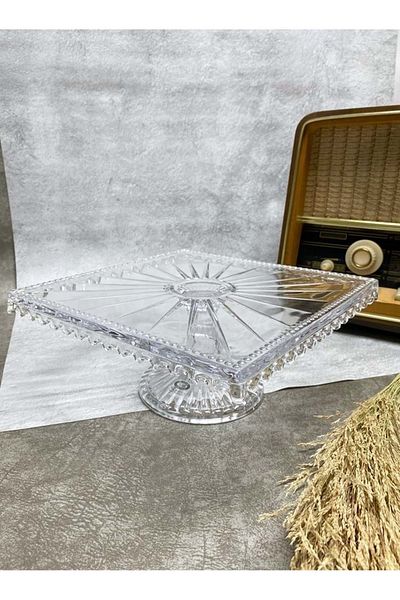 Jenisa Linea Model Glass Stand Square Cake and Cake Presentation Holder 25x11 Cm