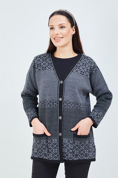 Elçelya Moda Women's Black Gray Patterned Knitwear Buttoned Pocket Winter Mother Cardigan