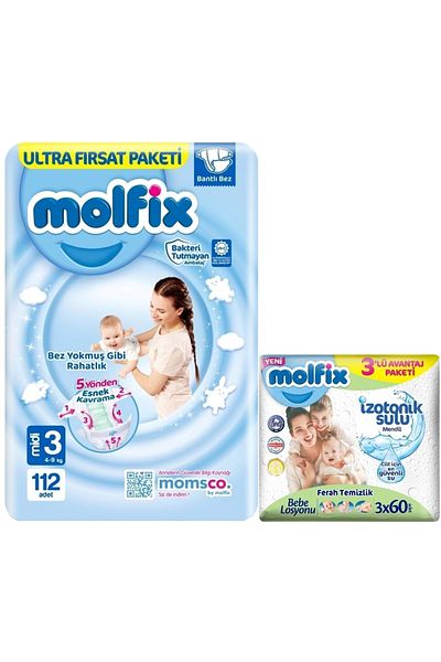 Molfix Baby Diaper Size:3 (4-9kg) Midi 112 Pieces Ultra Fırsat Pk + 3 Wet Wipes