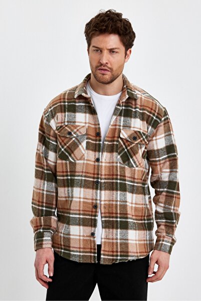 Tarz Cool Khaki Cream Red Men's Plaid Double Pocket Flap Regular Jacket Shirt