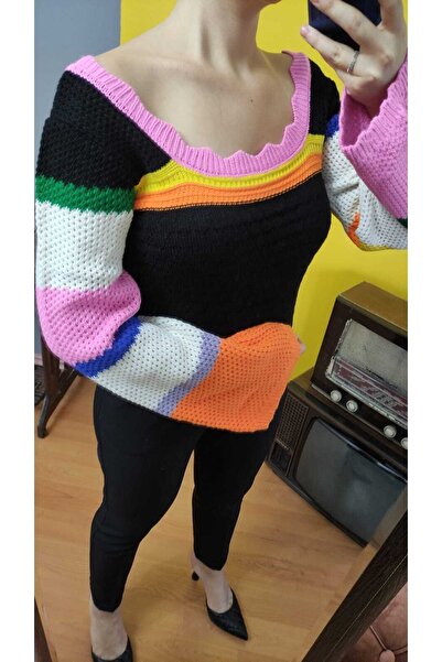 Robin Kadın Renkli Standart Beden Kısa Boy Belde Triko Bluz