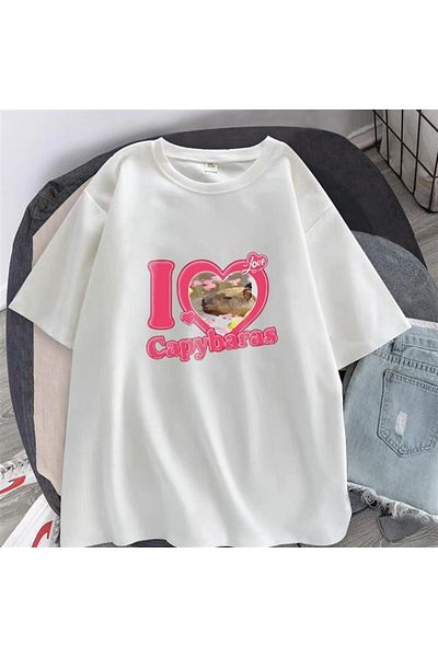 Touz Moda Dompuleri Moda I Love Capybaras με στάμπα λευκό μπλουζάκι Unisex Oversize