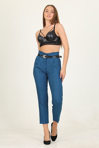 Neşeli Butik Women's Petrol Belted High Waist Ankle Length Carrot Trousers Qns030