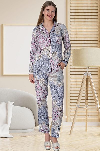 by İGP Set de pijamale cu nasturi din țesătură țesătură, gri, cu modele florale