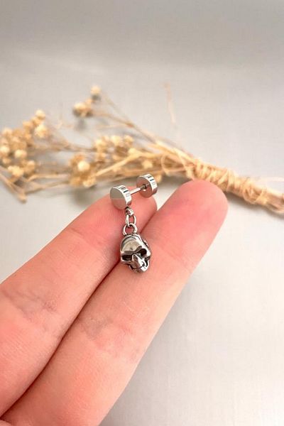 Jaida Moda Unisex Silver Gothic Skull Figured Dangle Steel Earrings
