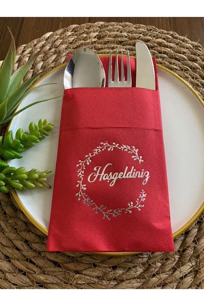 kidspartim Silver Gilded Red Welcome Pocket Napkin 12 Pcs