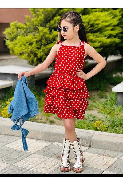 bir dünya çocuk Denim Cepken Polka Dot Dress Girl's Dress