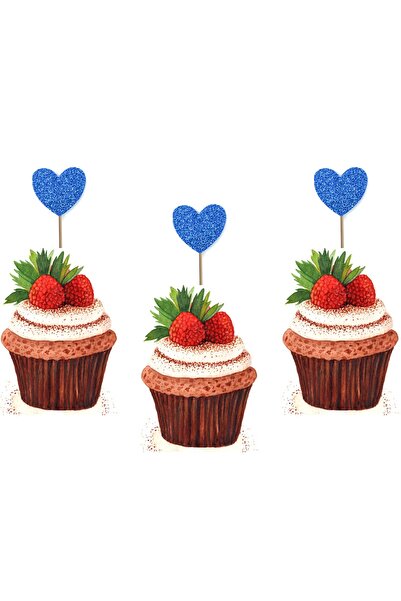 Yusuf Dirik YD Party Supplies مسواك كب كيك جليتر 20 قطعة قلب أزرق