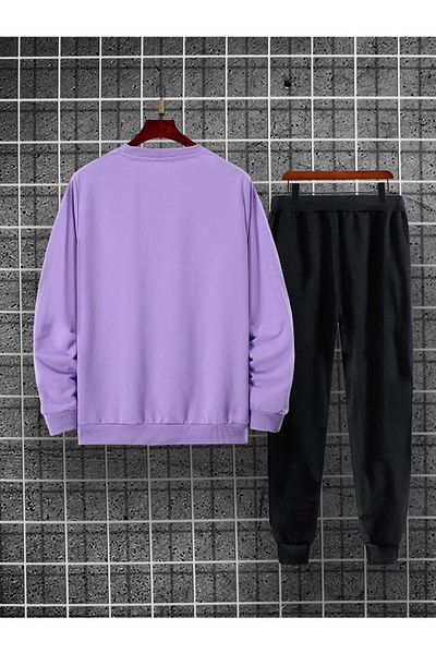 MODARİCH Lilac Sweatshirt Bottom Top Tracksuit Set Printed Oversize Crew Neck
