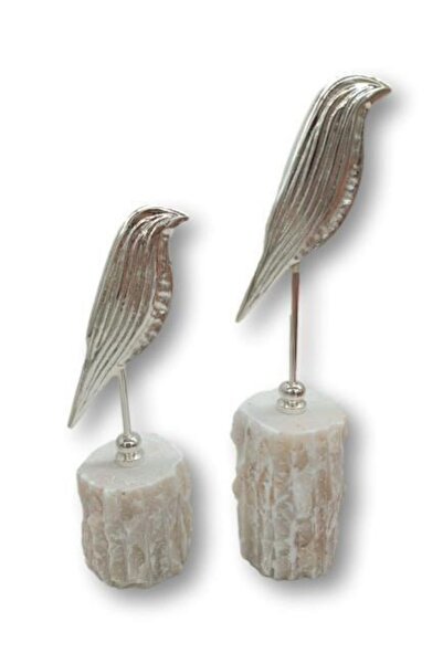 CREARTHOME Dekoratif Mermer Kaideli Gümüş 2 Li Metal Kuş Biblo -obje Szr-1923